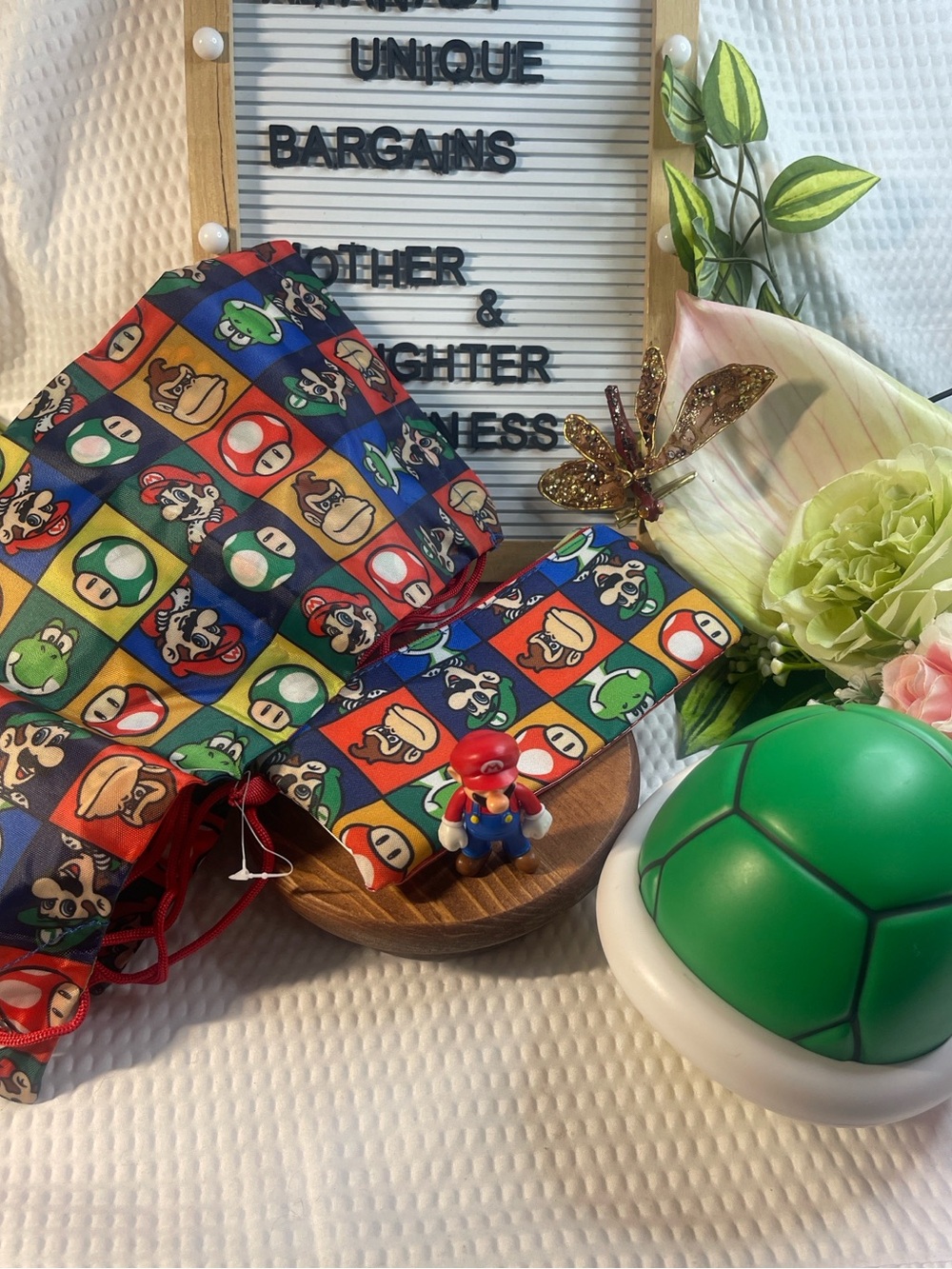 Nintendo Super Mario Bundle Drawstring Backpack Turtle Shell Mario Figure Pouch - Picture 1 of 6